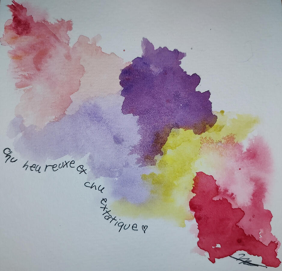Chu heureuxe et chu extatique Chu heureuxe et chu extatique - colorful blobs float above text that reads Chu heureuxe et chu extatique